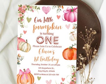 Editable Pumpkin First Birthday Invitation, Our Little Pumpkin 1St Birthday, Girl Floral Pumpkin Fall Birthday Invite, 1st Birthday Evite