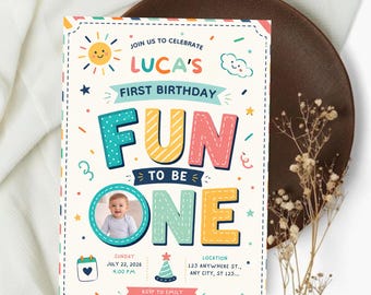 Fun To Be One Photo 1st Birthday Invitation, Boy Retro Colorful Canva Template, Fun to Be One Photo Template, Digital Download, Editable