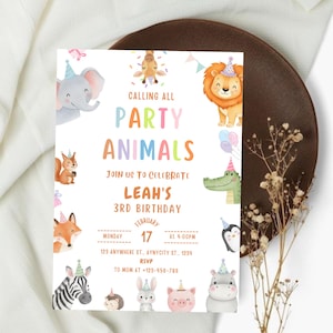 Calling All Party Animals Invitation, Party Animal Celebration Kids Birthday, Animal Theme, Animals in Party Hats Any Age, Digital Download