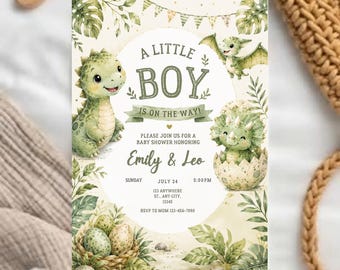 Hatching Soon Baby Shower Invitation, Baby Boy Dinosaur Shower Invite, Dinosaur Boy Invite, Baby Dino Egg, Digital Download, Canva Template