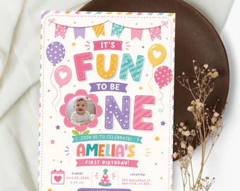 Fun To Be One Photo 1st Birthday Invitation, Girl Colorful Canva Template, First Birthday Girl Pink Invite, Custom Photo Invite Digital