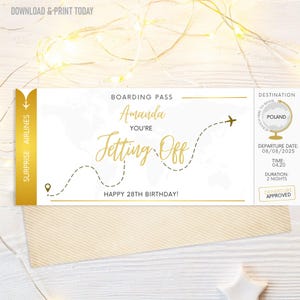 May include: A gold and white boarding pass design with the text "Amanda, you're Jetting Off" and "Happy 28th Birthday!". The destination is Poland, with a departure date of 08/08/2025. The boarding pass is from Surprise Airlines.