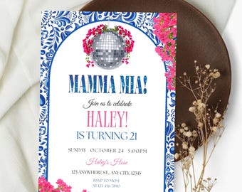 Festa de aniversário da Mamma Mia, tema da Mamma Mia, convite para o aniversário de 21 anos da Mamma Mia, convite editável para aniversário da Dancing Queen, festa mediterrânea
