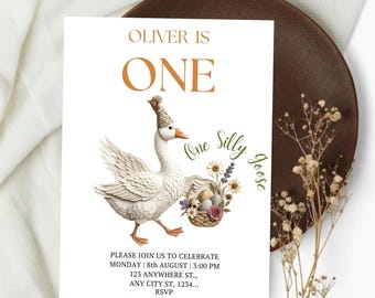 One Silly Goose First Birthday Invitation, Goose Birthday Party Invite, Daisy Floral Goose First Birthday, 1st Birthday Invitation, Canva
