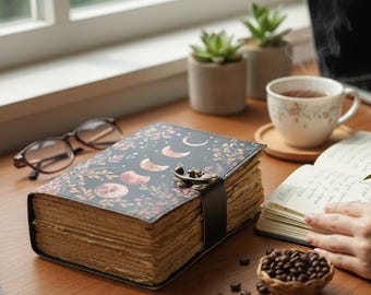 Diario de cuero vintage hecho a mano con impresión de fases lunares de Grimoire, libro de hechizos en blanco de las sombras, regalos
