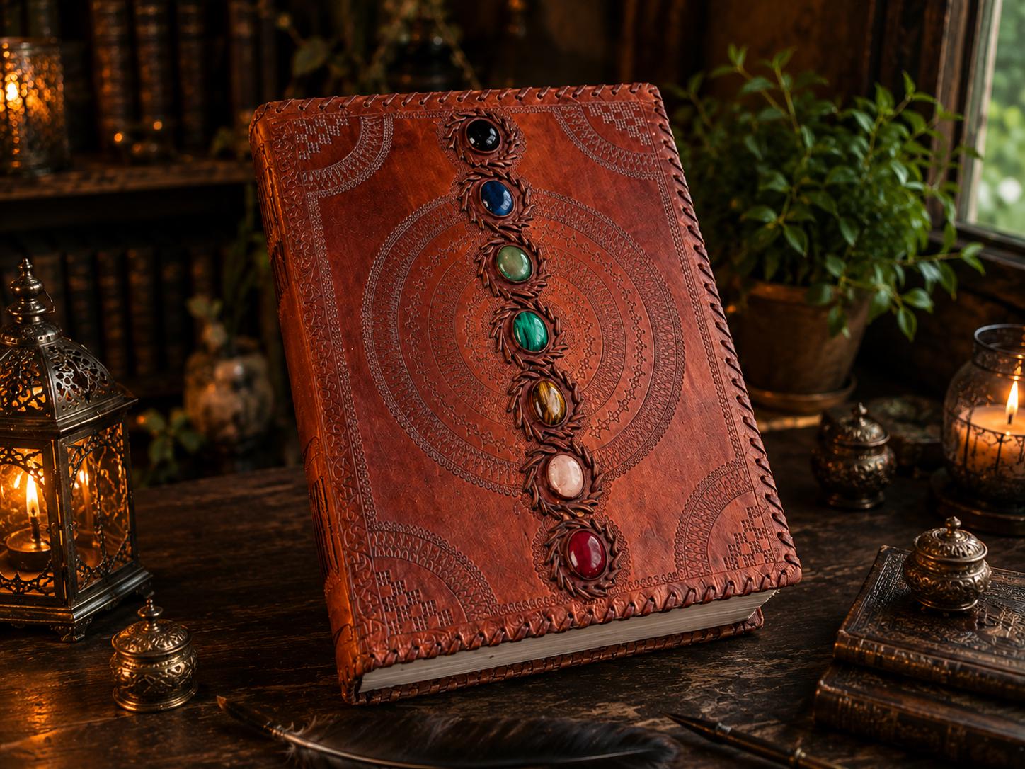 Handmade Leather Journal with 7 Chakra Stones, Embossed Mandala, Vintage Deckle-Edged Paper, Spell Book