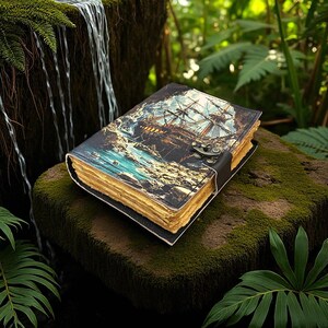 May include: A leather-bound journal with a vintage nautical scene on the cover. The cover features a detailed illustration of a tall ship sailing on the sea. The journal has a clasp closure and aged, yellowed pages.