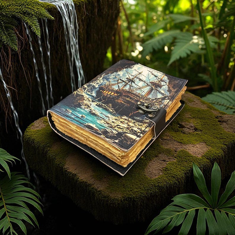 May include: A leather-bound journal with a vintage nautical scene on the cover. The cover features a detailed illustration of a tall ship sailing on the sea. The journal has a clasp closure and aged, yellowed pages.