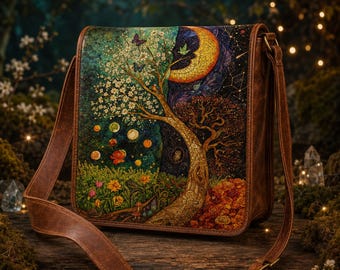 May include: A brown leather messenger bag featuring a vibrant, detailed print on the front flap. The artwork depicts a split scene with a blooming tree, a crescent moon, celestial bodies, colorful flowers, and butterflies in a forest setting.