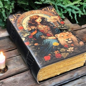 Embossed Lion & Girl Leather Grimoire: 400-Page Book of Shadows