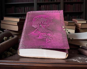 Cuaderno de cuero repujado con diseño de sirena, grimorio con nudo celta, cuaderno hecho a mano