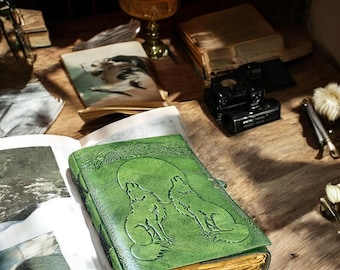 Handmade Leather Wolf Journal | Embossed Viking Grimoire, Book of Shadows