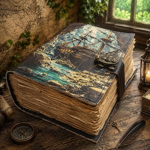 May include: A large, antique-style journal with a detailed illustration of a tall ship on the cover. The cover is dark brown with a distressed look, and the pages have a vintage, aged appearance. A metal clasp and leather strap secure the journal.