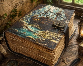 Diário de couro em formato de navio pirata: caderno de aventuras feito à mão com bordas irregulares.