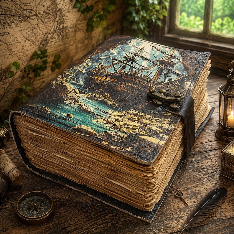 May include: A large, antique-style journal with a detailed illustration of a tall ship on the cover. The cover is dark brown with a distressed look, and the pages have a vintage, aged appearance. A metal clasp and leather strap secure the journal.