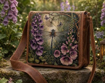 May include: A brown leather messenger bag featuring a rectangular front panel with a detailed illustration of a large dragonfly, purple foxglove flowers, and small butterflies. The bag has a long adjustable shoulder strap and stitched edges.