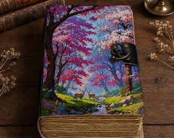May include: A rectangular journal with a hard cover featuring a vibrant forest scene with pink and purple trees, two deer standing near a small stream, and a stone bridge. The journal has a black metal latch closure and thick, deckled-edge pages.