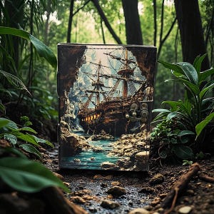 May include: A leather wallet featuring a detailed illustration of a tall ship sailing through a rocky cove. The wallet has a metal clasp and is set against a backdrop of lush green foliage and a forest floor.