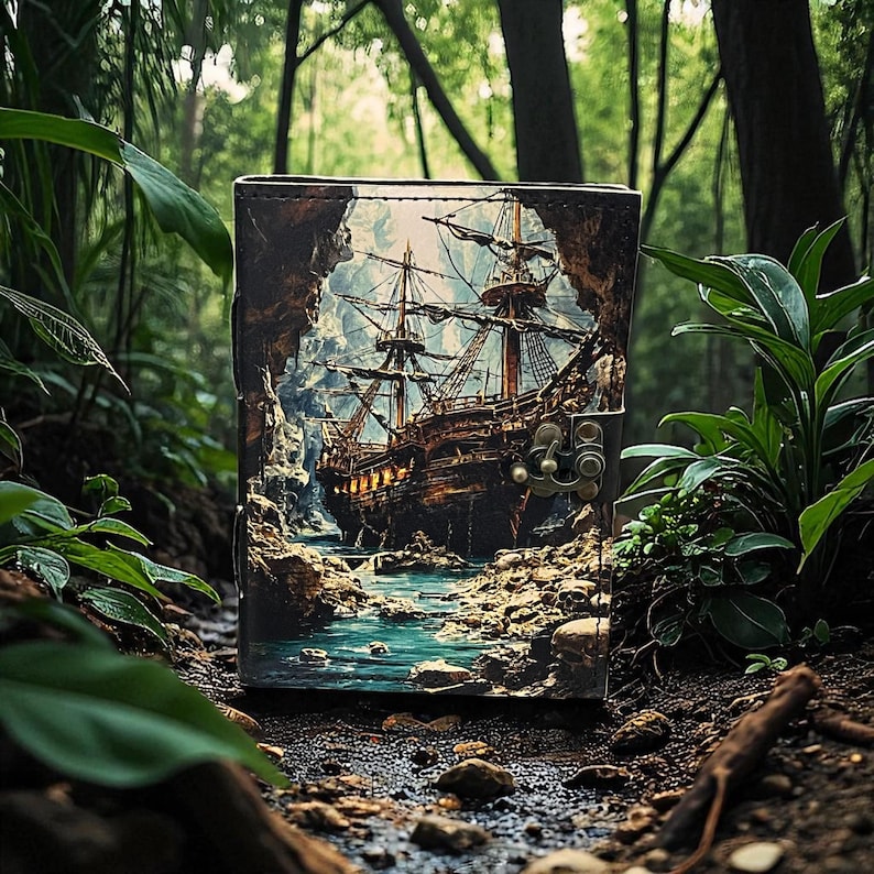 May include: A leather wallet featuring a detailed illustration of a tall ship sailing through a rocky cove. The wallet has a metal clasp and is set against a backdrop of lush green foliage and a forest floor.