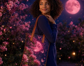 May include: A rectangular tote bag featuring a vibrant print of a full moon, blooming pink flowers, and butterflies against a dark night sky. The bag has two brown leather-like shoulder straps attached with metal rivets to the top edge.