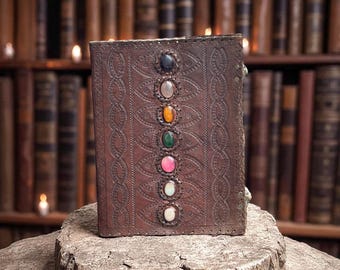 Seven Chakra Stones Leather Journal | Embossed Vintage Diary, Grimoire, Spellbook