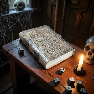 May include: A beige leather-bound book with intricate embossed designs, including a central figure and geometric patterns. The book is on a wooden table with dice, a skull, and a lit candle, creating a gothic or fantasy theme.