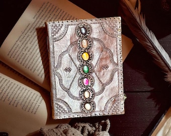 Handmade Leather Journal: Seven Chakra Stones, Embossed Book of Shadows Diary