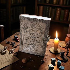 May include: A detailed, gray, embossed book with an ancient Egyptian design, featuring a winged figure and hieroglyphs. The book is on a wooden table, lit by a candle. Other items include dice, a small jar, and scattered objects.