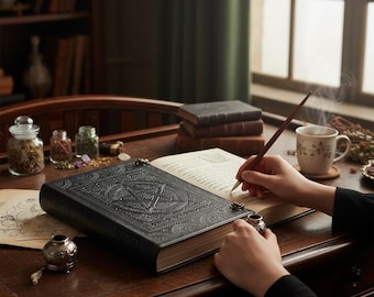 Handgjord svart läderpentagramjournal: Wiccan Grimoire-bok