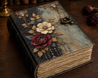 May include: A rectangular journal with a dark, textured cover featuring a large cream and deep red floral arrangement, ornate metal accents, and embedded clear crystals. The book has thick, deckled-edge pages and a brass-toned metal latch closure.