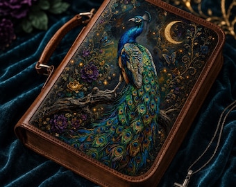 May include: A rectangular brown leather-like case with a handle, featuring a detailed illustration of a peacock perched on a branch under a crescent moon. The artwork includes purple flowers, butterflies, and golden accents. A silver cross necklace lies nearby.