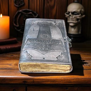 May include: A silver-colored leather-bound journal with a detailed embossed design featuring a hammer, runes, and wolf imagery. The journal has a clasp closure and aged, yellowed pages, suggesting a vintage or antique aesthetic. The journal is on a wooden surface.