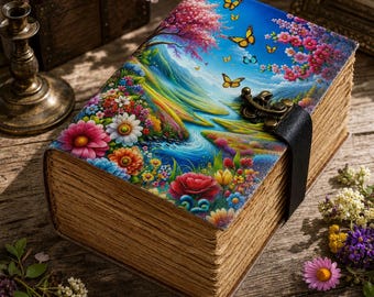 May include: A hardcover journal with a vibrant landscape illustration on the front cover featuring a flowing blue river, colorful flowers, and yellow butterflies under a bright sky. The book has aged, deckled paper edges and a black metal latch.