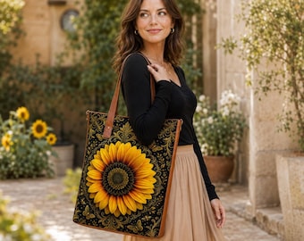 May include: A rectangular tote bag featuring a large, vibrant yellow sunflower centered on a black background with intricate gold filigree patterns and small butterfly motifs. The bag has brown leather-like straps and a structured vertical design.