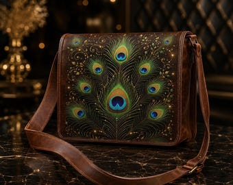 May include: A brown leather messenger bag featuring a prominent peacock feather design on the front flap. The artwork displays vibrant green, blue, and gold eye patterns with intricate swirling gold accents against a dark background.