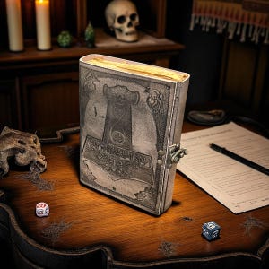 May include: A leather-bound journal with a metal clasp, featuring an embossed design of a hammer and runes. The journal is open, revealing aged pages. The scene includes dice, a pen, and a skull, suggesting a fantasy or historical theme.