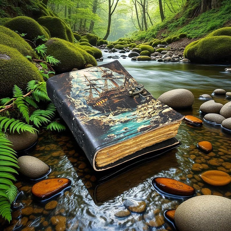 May include: A leather-bound journal with a detailed illustration of a sailing ship on the cover. The journal is open, revealing aged, yellowed pages. The book rests in a shallow stream with smooth stones and a lush green forest background.