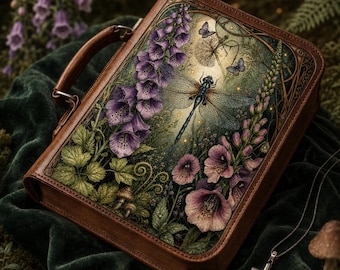 May include: A brown leather-bound case with a handle, featuring a detailed illustration of a dragonfly, purple foxglove flowers, and small butterflies on the front cover. The artwork includes green foliage and soft glowing light accents.