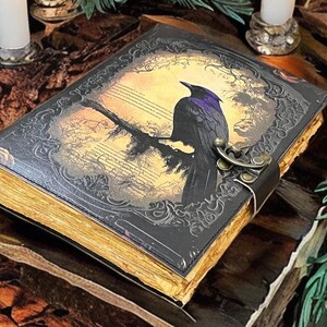 May include: A leather-bound journal featuring a raven illustration. The black cover has an embossed design and a metal clasp. The pages have a golden edge. The raven sits on a branch against a sepia-toned background.