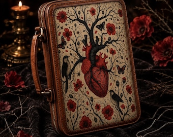 May include: A rectangular brown leather-trimmed case featuring a central anatomical heart illustration integrated into a tree design with red flowers, butterflies, and two birds. The case has a side handle and a zipper closure along the perimeter.