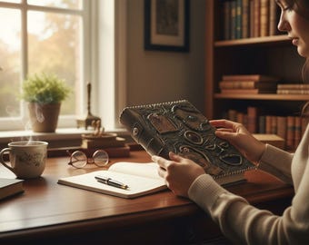 Haunted Necronomicon Leather Journal | Embossed Gothic Grimoire, Evil Eye