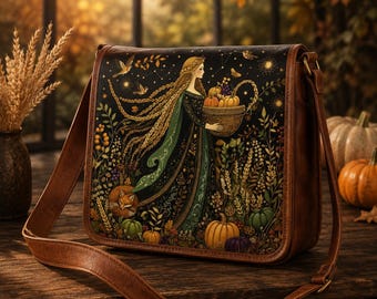 May include: A brown leather crossbody bag featuring a detailed illustration of a person with long flowing hair holding a basket of pumpkins. The scene includes a fox, various autumn plants, and a dark starry sky background with golden accents.