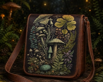 May include: A brown messenger bag featuring a detailed illustration of various mushrooms, ferns, and foliage on the front flap. The design includes green, yellow, and earthy tones, with a moth and spiderweb integrated into the botanical scene.