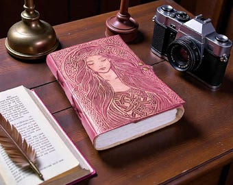 Handmade Leather Journal with Celtic Goddess Design – Embossed Diary, Spiritual Notebook