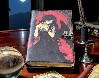Handmade Gothic Leather Journal: Dark Angel, Vintage Deckle Edge Paper Blank Spell Book of Shadows junk journal Grimoire journal gifts