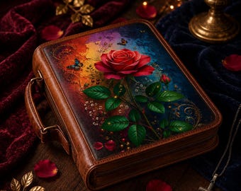 May include: A rectangular brown leather-like carrying case with a zipper closure. The top surface features a vibrant, colorful print of a large red rose, green leaves, and small butterflies against a blended orange, yellow, and blue background.