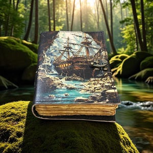 May include: A leather-bound journal with a detailed illustration of a tall ship sailing through a rocky cove. The cover features a metal clasp. The pages have a golden hue, and the journal is set against a mossy background.