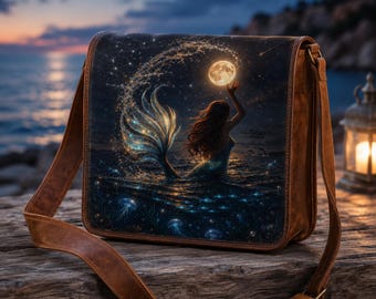 May include: A brown leather messenger bag featuring a rectangular flap with a printed illustration of a mermaid reaching toward a glowing full moon above a dark ocean with bioluminescent jellyfish and a swirling, sparkling water effect.