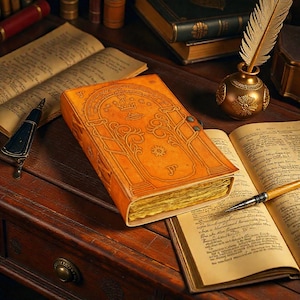 Może przedstawiać: Szczegółowe ujęcie skórzanej książki z wytłoczonym wzorem, przedstawiającym koronę i ozdobne wzory. Książka jest otwarta, ukazując postarzałe strony, i spoczywa na drewnianym biurku obok pióra i kałamarza oraz innych książek.