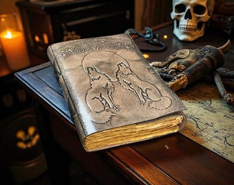 Handmade Wolf Leather Journal: Embossed Celtic Grimoire with Deckle Edge